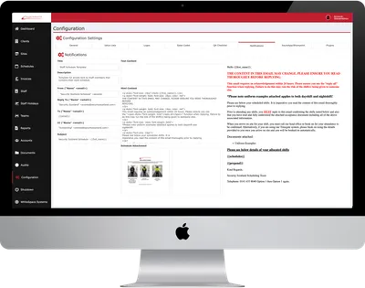 Notification configuration with HTML email templates and schedule attachment settings