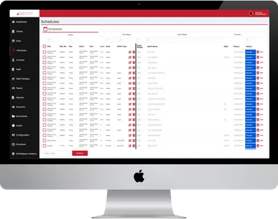 Security Scotland shift scheduling view showing multi-site roster with attendance status tracking