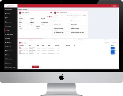 Staff profile with training certifications, SIA details, and weekly schedule assignments